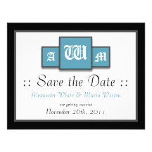 Tri-Monogram Blue Modern Wedding Save the Dates Announcements
