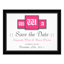 Tri-Monogram Fuchsia Modern Wedding Save the Dates Custom Invites