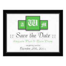 Tri-Monogram Green Modern Wedding Save the Dates Personalized Invites