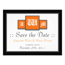 Tri-Monogram Orange Modern Wedding Save the Dates Custom Announcements