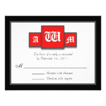 Tri-Monogram Red Modern Reply / RSVP Cards Custom Invitations