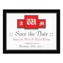Tri-Monogram Red Modern Wedding Save the Dates Custom Invitation
