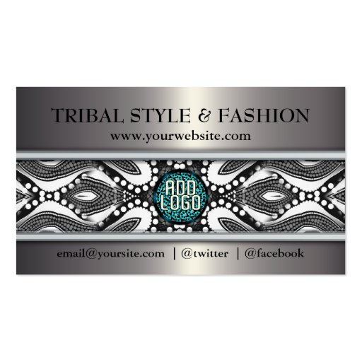 Tribal Black+White & Metallic w/ Logo Business Car Business Card Templates (back side)