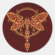 Tribal Dragonfly, Golden Red Round Sticker