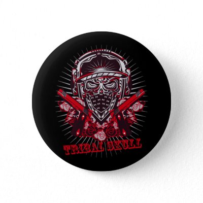 TRIBAL SKULL and GUN Pinback Button by fortyone Illustration