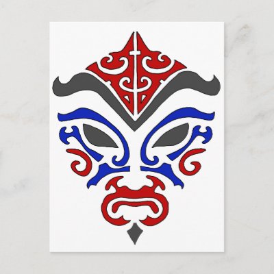 Tribal tattoo style red, blue and grey mask that resembles Japanese Kabuki 