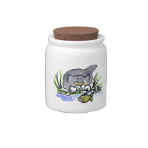 Tricia, gray kitten, Watches A Fish Candy Jars