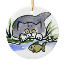 Tricia, gray kitten, Watches A Fish Christmas Tree Ornament