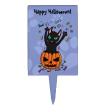Trick or treat black cat jumping from pumpkin cake pick