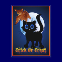 Trick or Treat Black Kitty and Bat Postcard postcards