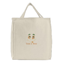 Trick or Treat ghost face embroidered tote bag