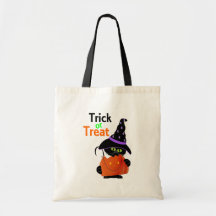 Trick Or Treat Halloween Cat With Pumpkin Tote Bags
