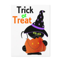 Trick Or Treat Halloween Cat With Pumpkin postcards