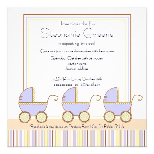 Trio Carriage Triplets Boy Baby Shower Invitation (front side)