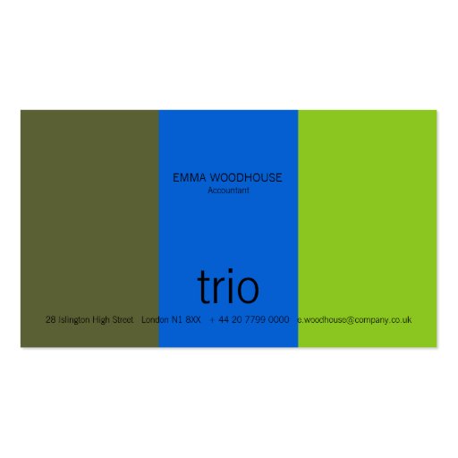 Trio Dark Olive, Bright Blue & Green Business Card Templates (front side)