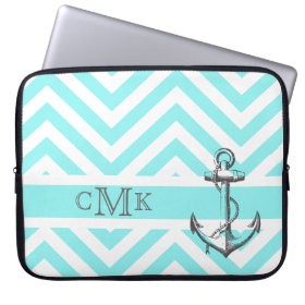 Triple Monogrammed Anchor & Blue Zigzags Laptop Computer Sleeve