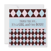 Triple the Joy Argyle Boy Girl Triplet Baby Shower Personalized Invitation