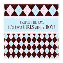 Triple the Joy Argyle Boy Girl Triplet Baby Shower Personalized Announcement