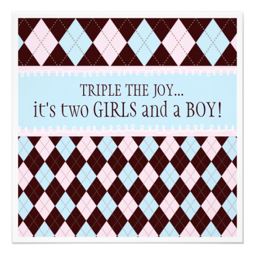 Triple the Joy Argyle Boy Girl Triplet Baby Shower Personalized Announcement (front side)