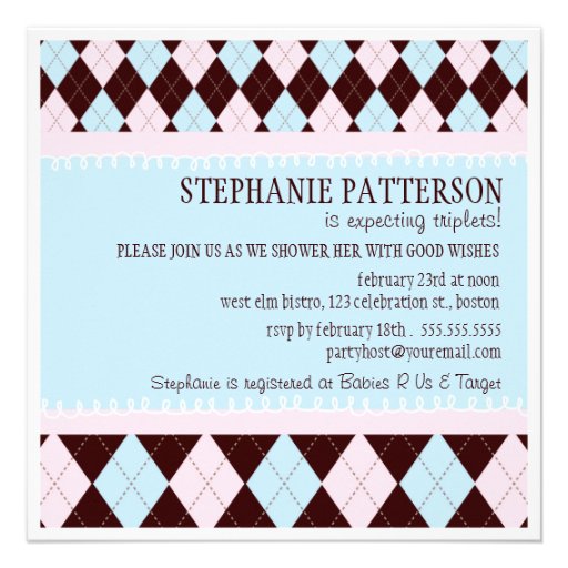 Triple the Joy Argyle Boy Girl Triplet Baby Shower Personalized Announcement