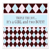Triple the Joy Argyle Boy Girl Triplet Baby Shower Personalized Invitation
