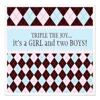 Triple the Joy Argyle Boy Girl Triplet Baby Shower Personalized Invitation