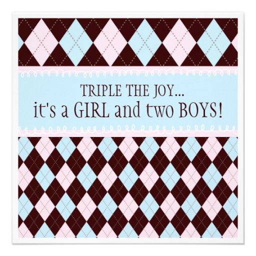 Triple the Joy Argyle Boy Girl Triplet Baby Shower Personalized Invitation (front side)