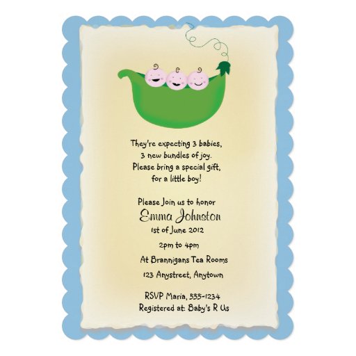 Triplet boy 'Peas in a Pod' baby shower invite (front side)