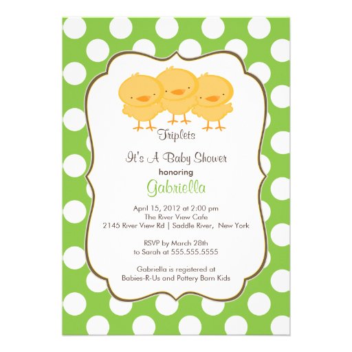 Triplets Chick Baby Shower Invitation Green (front side)