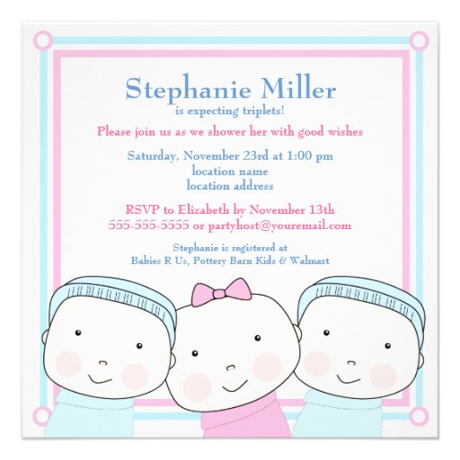 Triplets Girl Boy Pink Blue Baby Shower Invitation