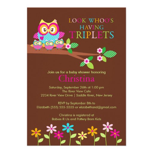Triplets Owl Baby Shower Invitations (front side)