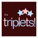 Triplets Stars Pink Blue Brown Baby Shower Announcements