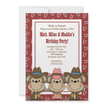 TRIPLETS Western Cowboy Monkeys 5x7 Birthday Invitations