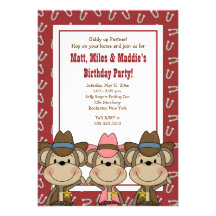 TRIPLETS Western Cowboy Monkeys 5x7 Birthday Invitations