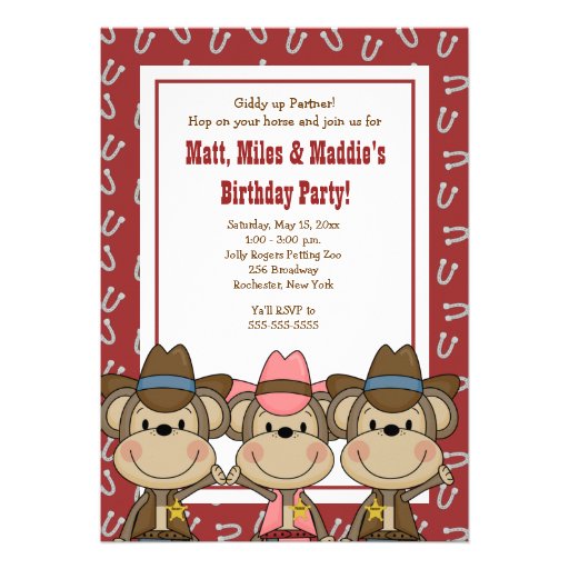 TRIPLETS Western Cowboy Monkeys 5x7 Birthday Invitations (front side)