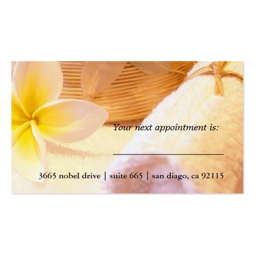 Tropic White Plumeria Spa Skin Care Massage Salon Business Card Templates (back side)
