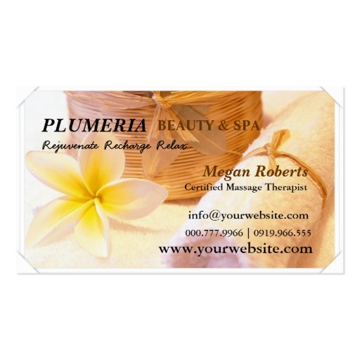 Tropic White Plumeria Spa Skin Care Massage Salon Business Card Templates (front side)