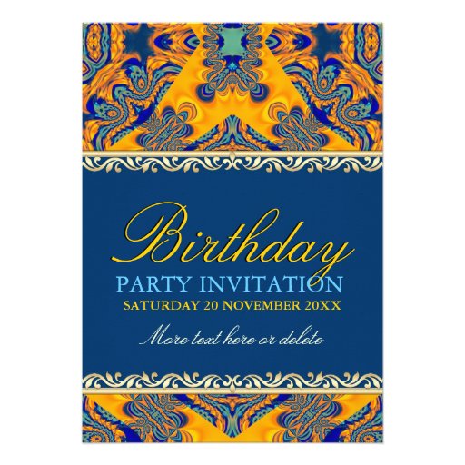 Tropical Batik Orange Blue Birthday Invitation
