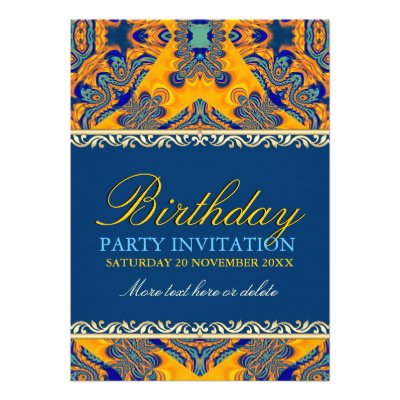 Tropical Batik Orange Blue Birthday Invitation