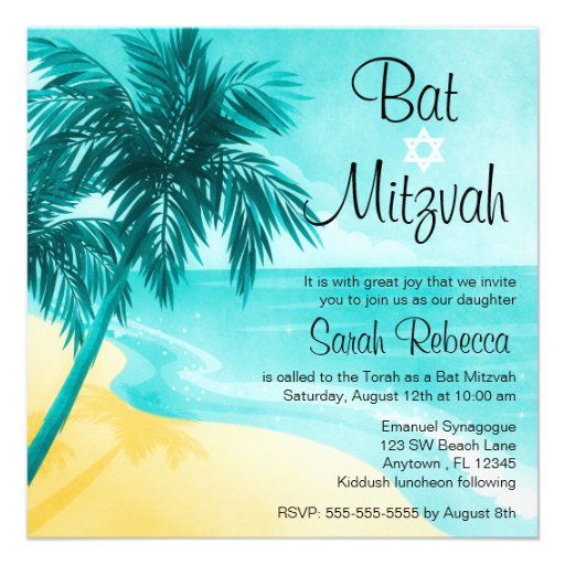 Tropical Beach Bat Mitzvah Invitations (front side)