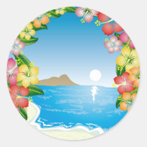 art, beach, beutiful, colorful, design, flower, graphic, hawaii, hibiscus, illustration, landscape, nature, summer, sunrise, sunset, tropical, wave, tropics, Sticker with custom graphic design