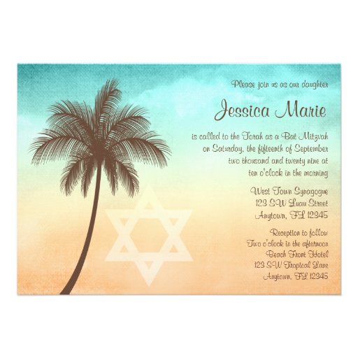 Tropical Beach Palm Tree Bat Mitzvah Invitations (front side)