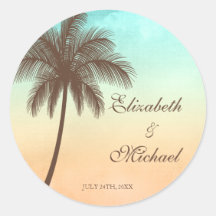 Tropical Beach Palm Tree Round Wedding Favor Label Round Sticker