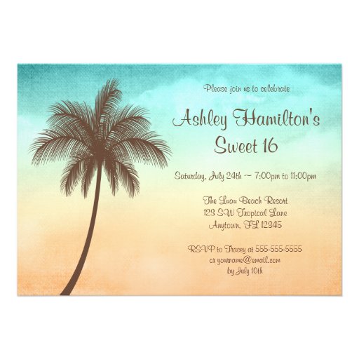 Tropical Beach Palm Tree Sweet 16 Invitations (front side)