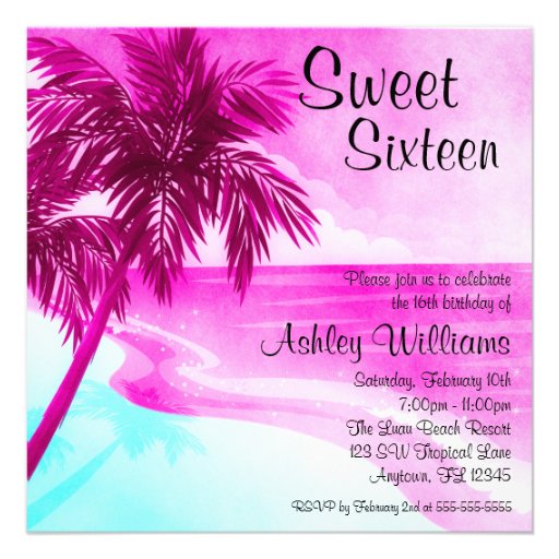 Tropical Beach Pink Sweet 16 Birthday Invitations (front side)
