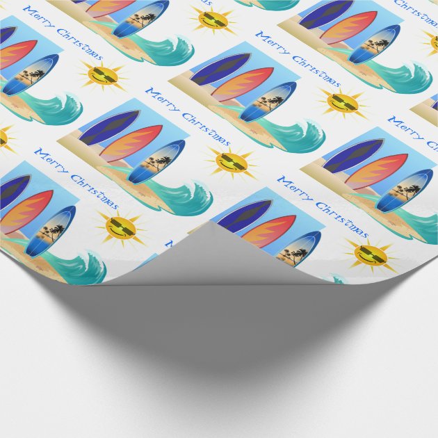 Tropical Beach Surfboard and Waves Merry Christmas Wrapping Paper 4/4