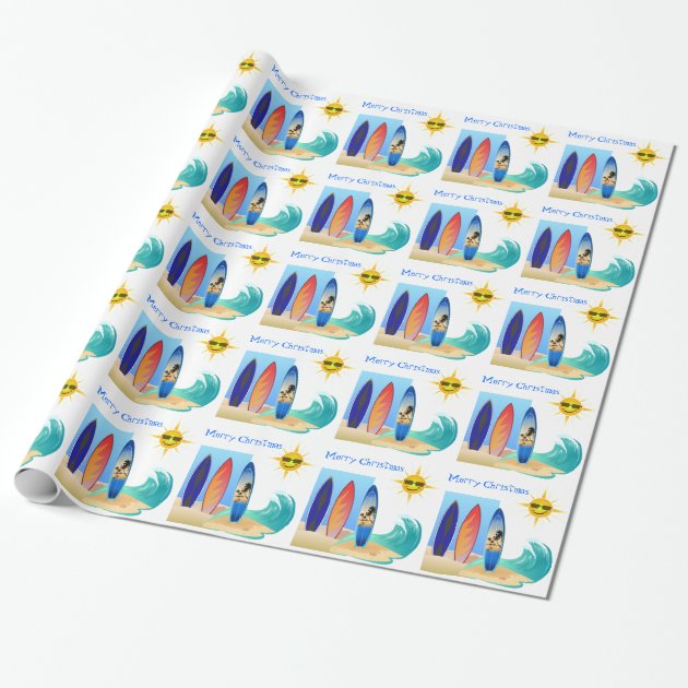 Tropical Beach Surfboard and Waves Merry Christmas Wrapping Paper 1/4