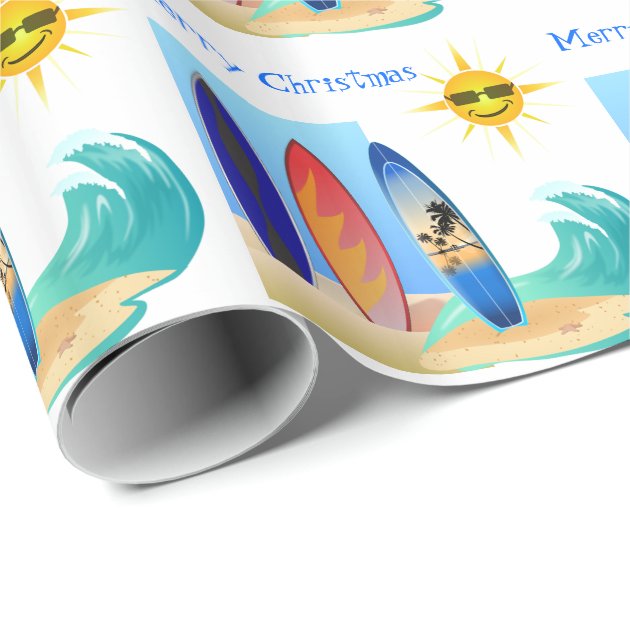 Tropical Beach Surfboard and Waves Merry Christmas Wrapping Paper 3/4