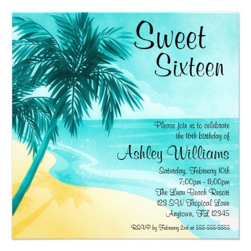 Tropical Beach Sweet 16 Birthday Party Invitations (front side)