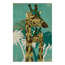 Tropical Blue Boho Giraffes Retro  Art Poster posters
